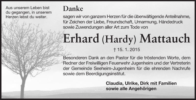  Traueranzeige für Erhard Mattauch vom 31.01.2015 aus Echo-Zeitungen (Gesamtausgabe)