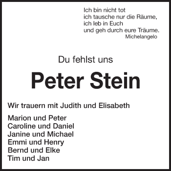 Traueranzeige von Peter Stein von Echo-Zeitungen (Gesamtausgabe)