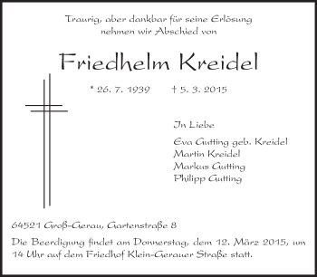 Traueranzeige von Friedhelm Kreidel von Echo-Zeitungen (Gesamtausgabe)