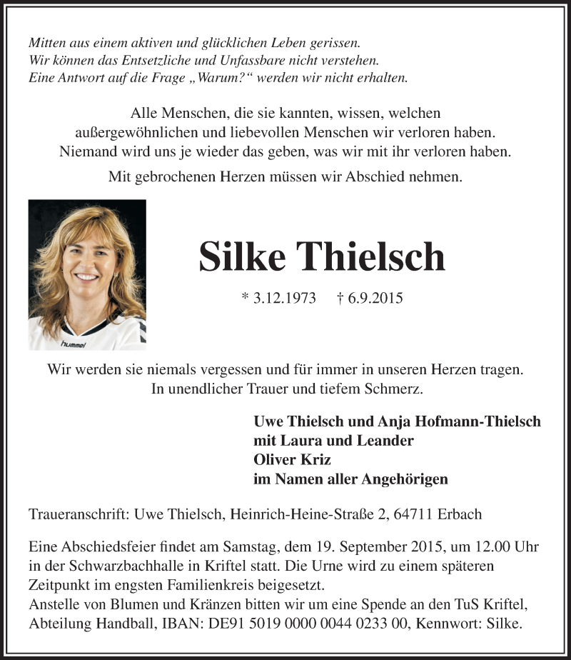  Traueranzeige für Silke Thielsch vom 12.09.2015 aus trauer.echo-online.de