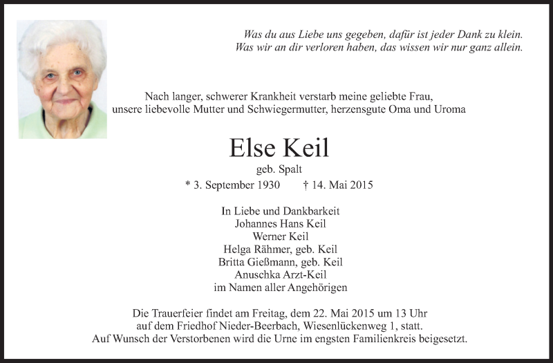  Traueranzeige für Else Keil vom 19.05.2015 aus Echo-Zeitungen (Gesamtausgabe)