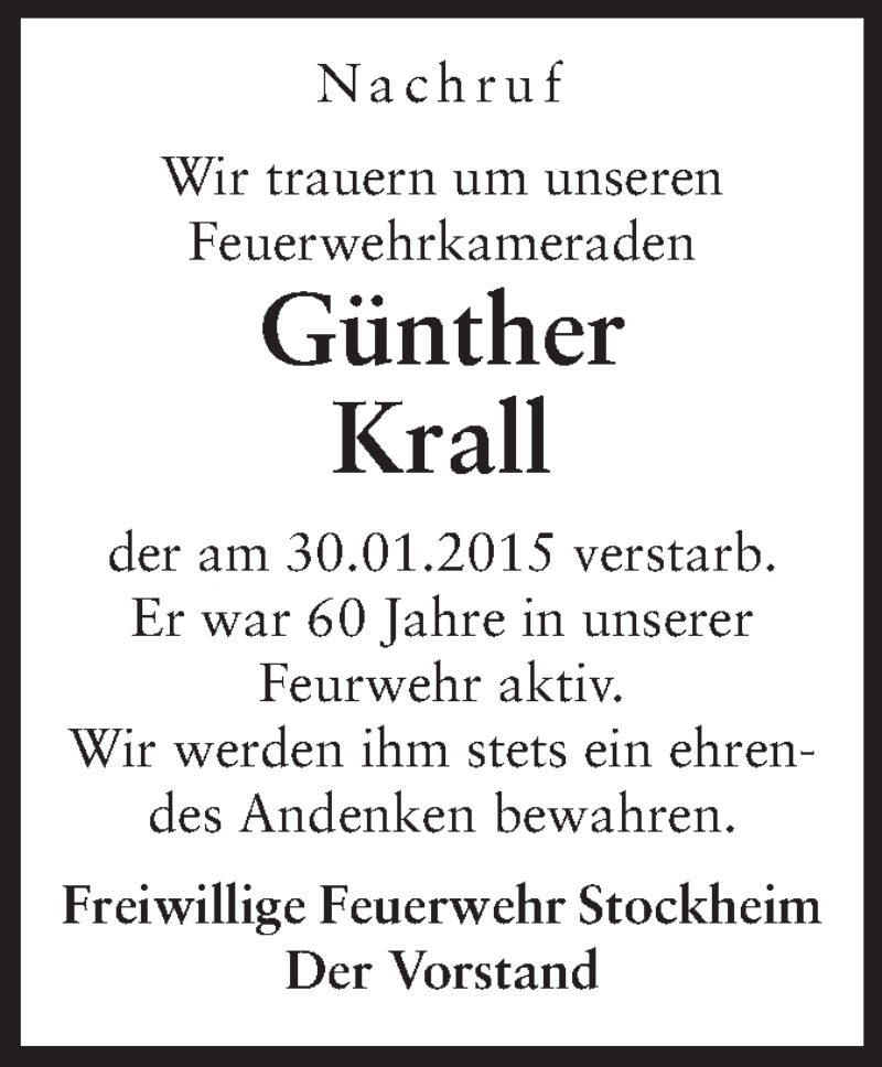  Traueranzeige für Günther Krall vom 27.02.2015 aus Odenwälder Echo