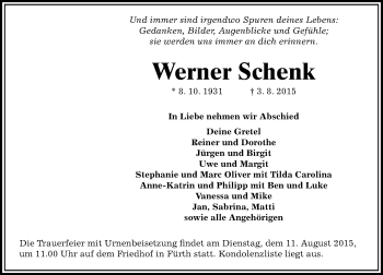 Traueranzeige von Werner Schenk von trauer.echo-online.de