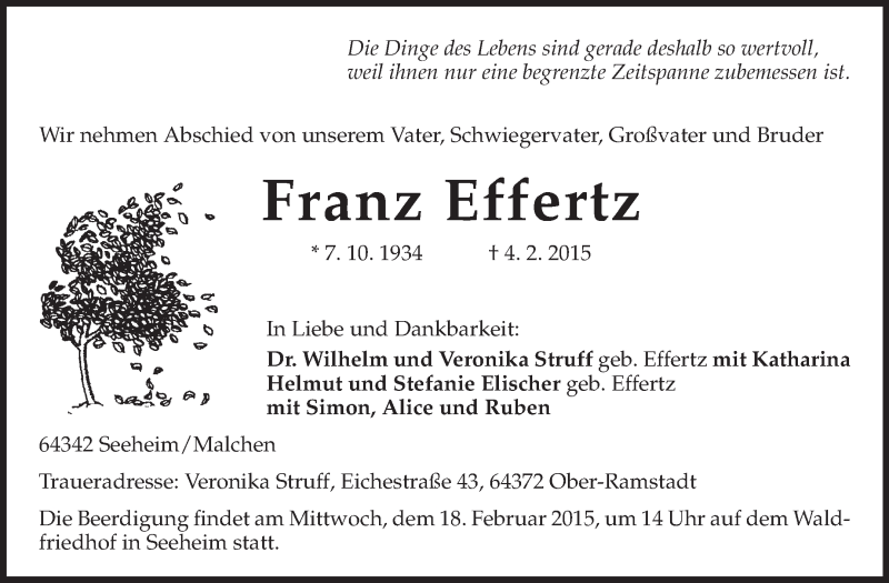  Traueranzeige für Franz Effertz vom 11.02.2015 aus Echo-Zeitungen (Gesamtausgabe)