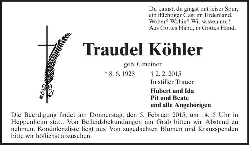  Traueranzeige für Traudel Köhler vom 04.02.2015 aus Starkenburger Echo