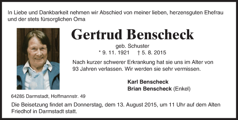  Traueranzeige für Gertrud Benscheck vom 08.08.2015 aus trauer.echo-online.de