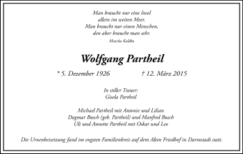 Traueranzeige von Wolfgang Partheil von Echo-Zeitungen (Gesamtausgabe)