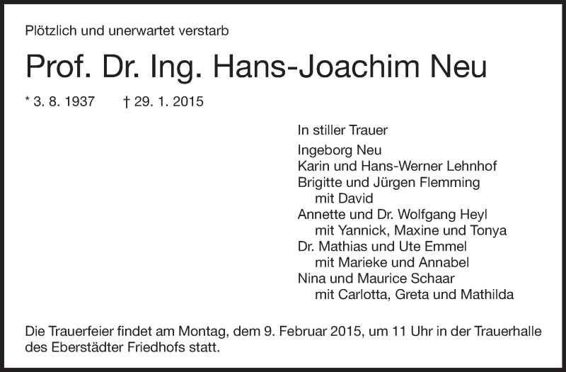  Traueranzeige für Hans-Joachim Neu vom 07.02.2015 aus Echo-Zeitungen (Gesamtausgabe)