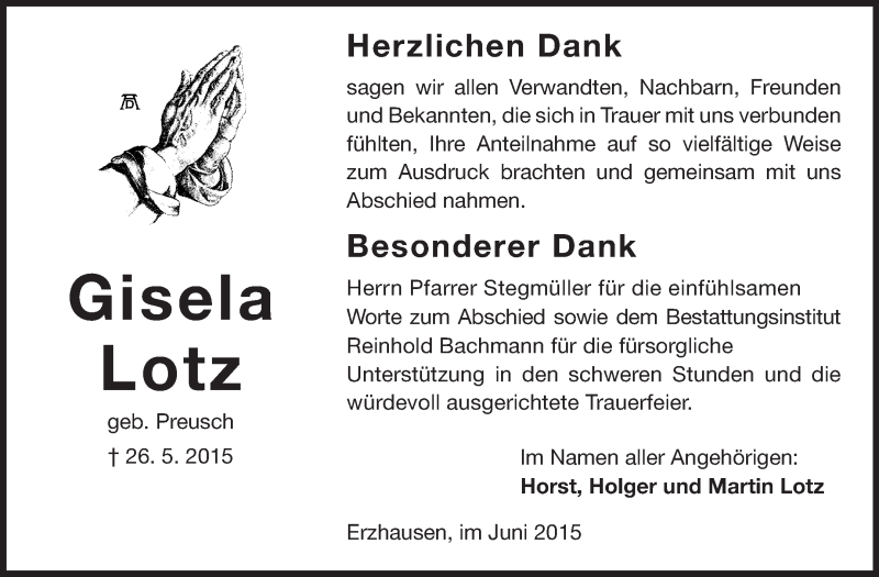  Traueranzeige für Gisela Lotz vom 13.06.2015 aus Echo-Zeitungen (Gesamtausgabe)