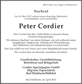 Traueranzeige von Peter Cordier von Echo-Zeitungen (Gesamtausgabe)