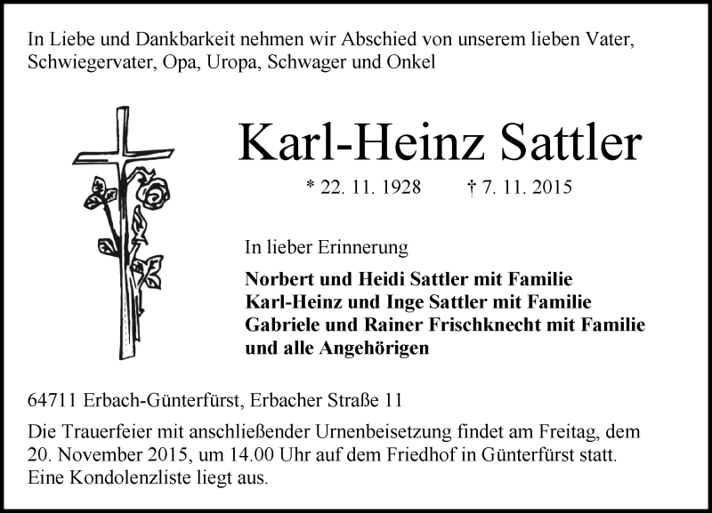  Traueranzeige für Karl-Heinz Sattler vom 14.11.2015 aus trauer.echo-online.de
