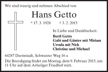 Traueranzeige von Hans Getto von Echo-Zeitungen (Gesamtausgabe)