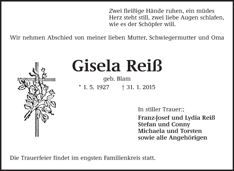  Traueranzeige für Gisela Reiß vom 05.02.2015 aus Rüsselsheimer Echo, Groß-Gerauer-Echo, Ried Echo