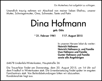 Traueranzeige von Dina Hofmann von trauer.echo-online.de