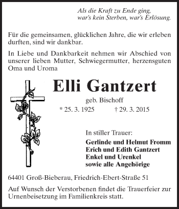 Traueranzeige von Elli Gantzert von Darmstädter Echo, Odenwälder Echo, Rüsselsheimer Echo, Groß-Gerauer-Echo, Ried Echo