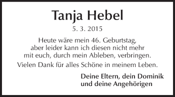Traueranzeige von Tanja Hebel von Rüsselsheimer Echo, Groß-Gerauer-Echo, Ried Echo