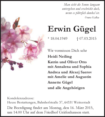 Traueranzeige von Erwin Gügel von Echo-Zeitungen (Gesamtausgabe)