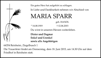 Traueranzeige von Maria Sparr von Darmstädter Echo, Odenwälder Echo, Rüsselsheimer Echo, Groß-Gerauer-Echo, Ried Echo