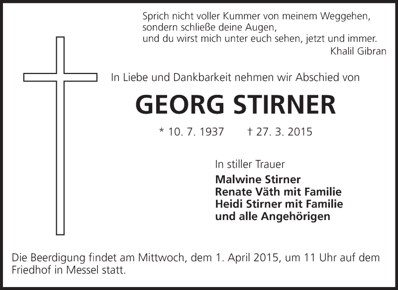  Traueranzeige für Georg Stirner vom 28.03.2015 aus Echo-Zeitungen (Gesamtausgabe)