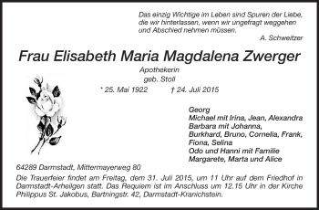 Traueranzeige von Elisabeth Maria Magdalena Zwerger von Echo-Zeitungen (Gesamtausgabe)