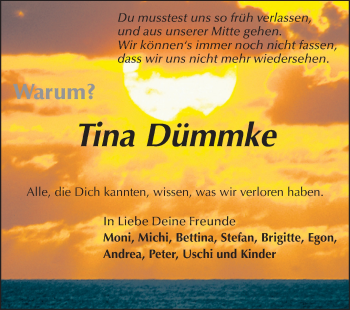 Traueranzeige von Tina Dümmke von Rüsselsheimer Echo, Groß-Gerauer-Echo, Ried Echo