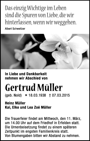 Traueranzeige von Gertrud Müller von Rüsselsheimer Echo, Groß-Gerauer-Echo, Ried Echo