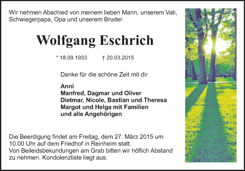  Traueranzeige für Wolfgang Eschrich vom 25.03.2015 aus Darmstädter Echo, Odenwälder Echo, Rüsselsheimer Echo, Groß-Gerauer-Echo, Ried Echo