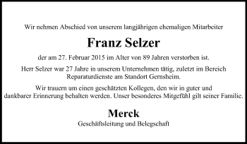 Traueranzeige von Franz Selzer von Rüsselsheimer Echo, Groß-Gerauer-Echo, Ried Echo