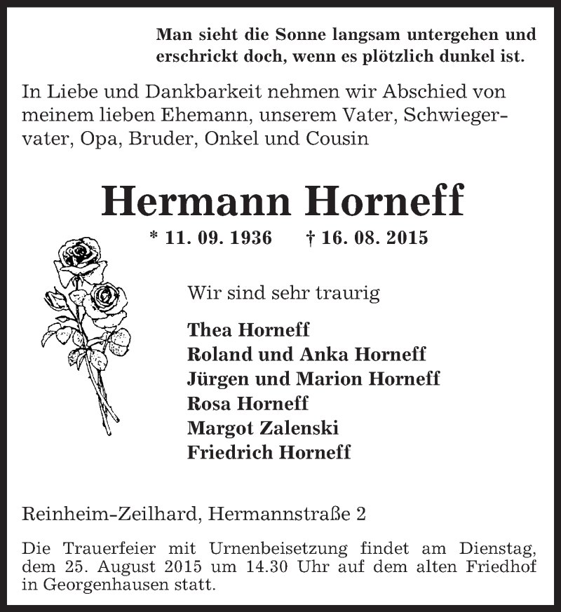  Traueranzeige für Hermann Horneff vom 22.08.2015 aus trauer.echo-online.de