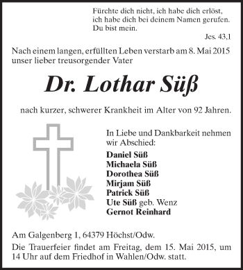 Traueranzeige von Lothar Süß von Echo-Zeitungen (Gesamtausgabe)