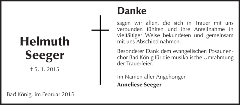  Traueranzeige für Helmuth Seeger vom 07.02.2015 aus Odenwälder Echo