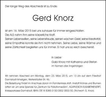 Traueranzeige von Gerd Knorz von Echo-Zeitungen (Gesamtausgabe)