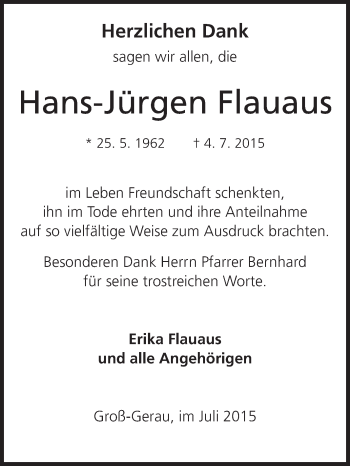 Traueranzeige von Hans-Jürgen Flauaus von Rüsselsheimer Echo, Groß-Gerauer-Echo, Ried Echo