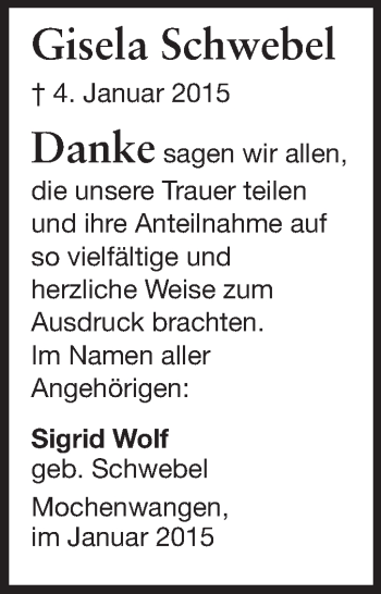 Traueranzeige von Gisela Schwebel von Echo-Zeitungen (Gesamtausgabe)