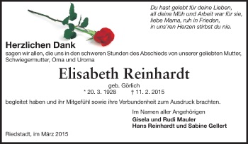 Traueranzeige von Elisabeth Reinhardt von Rüsselsheimer Echo, Groß-Gerauer-Echo, Ried Echo