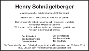 Traueranzeige von Henry Schnägelberger von Echo-Zeitungen (Gesamtausgabe)