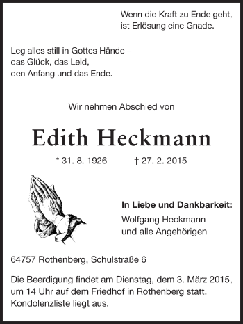 Traueranzeige von Edith Heckmann von Odenwälder Echo