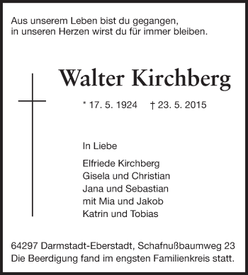 Traueranzeige von Walter Kirchberg von Echo-Zeitungen (Gesamtausgabe)