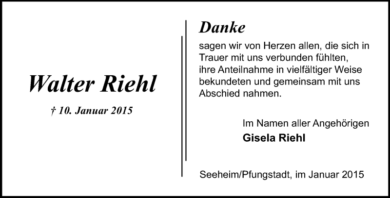  Traueranzeige für Walter Riehl vom 24.01.2015 aus Echo-Zeitungen (Gesamtausgabe)