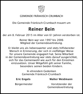 Traueranzeige von Reiner Bein von Odenwälder Echo