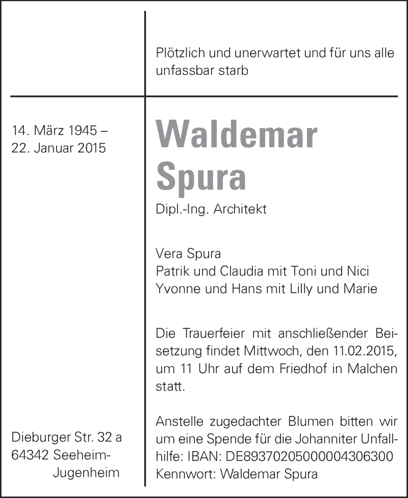  Traueranzeige für Waldemar Spura vom 31.01.2015 aus Echo-Zeitungen (Gesamtausgabe)