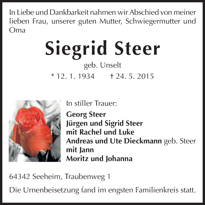  Traueranzeige für Siegrid Steer vom 06.06.2015 aus Echo-Zeitungen (Gesamtausgabe)