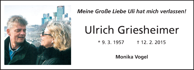  Traueranzeige für Ulrich Griesheimer vom 14.02.2015 aus Echo-Zeitungen (Gesamtausgabe)