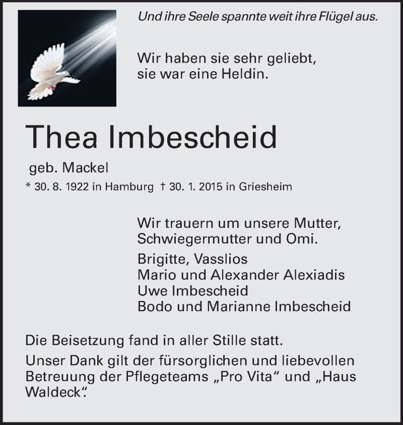  Traueranzeige für Thea Imbescheid vom 28.02.2015 aus Echo-Zeitungen (Gesamtausgabe)