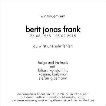 Traueranzeige von Berit Jonas Frank von Echo-Zeitungen (Gesamtausgabe)