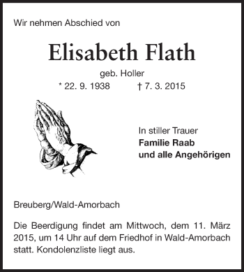 Traueranzeige von Elisabeth Flath von Odenwälder Echo