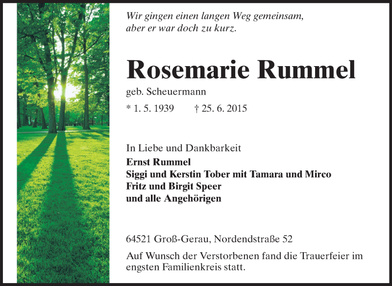  Traueranzeige für Rosemarie Rummel vom 11.07.2015 aus Rüsselsheimer Echo, Groß-Gerauer-Echo, Ried Echo