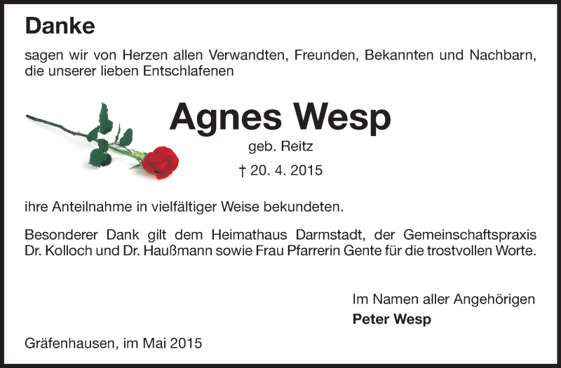  Traueranzeige für Agnes Wesp vom 13.05.2015 aus Echo-Zeitungen (Gesamtausgabe)