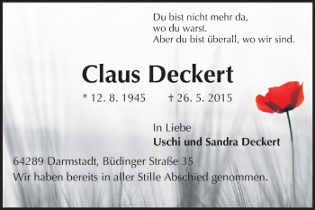 Traueranzeige von Claus Deckert von Echo-Zeitungen (Gesamtausgabe)