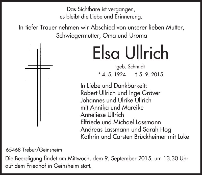 Traueranzeige für Elsa Ullrich vom 08.09.2015 aus trauer.echo-online.de